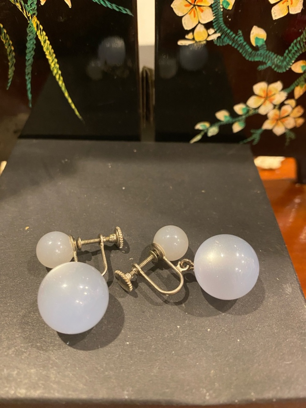 Vintage Opalescent Moonglow Screw Back Earrings - Pale Blue